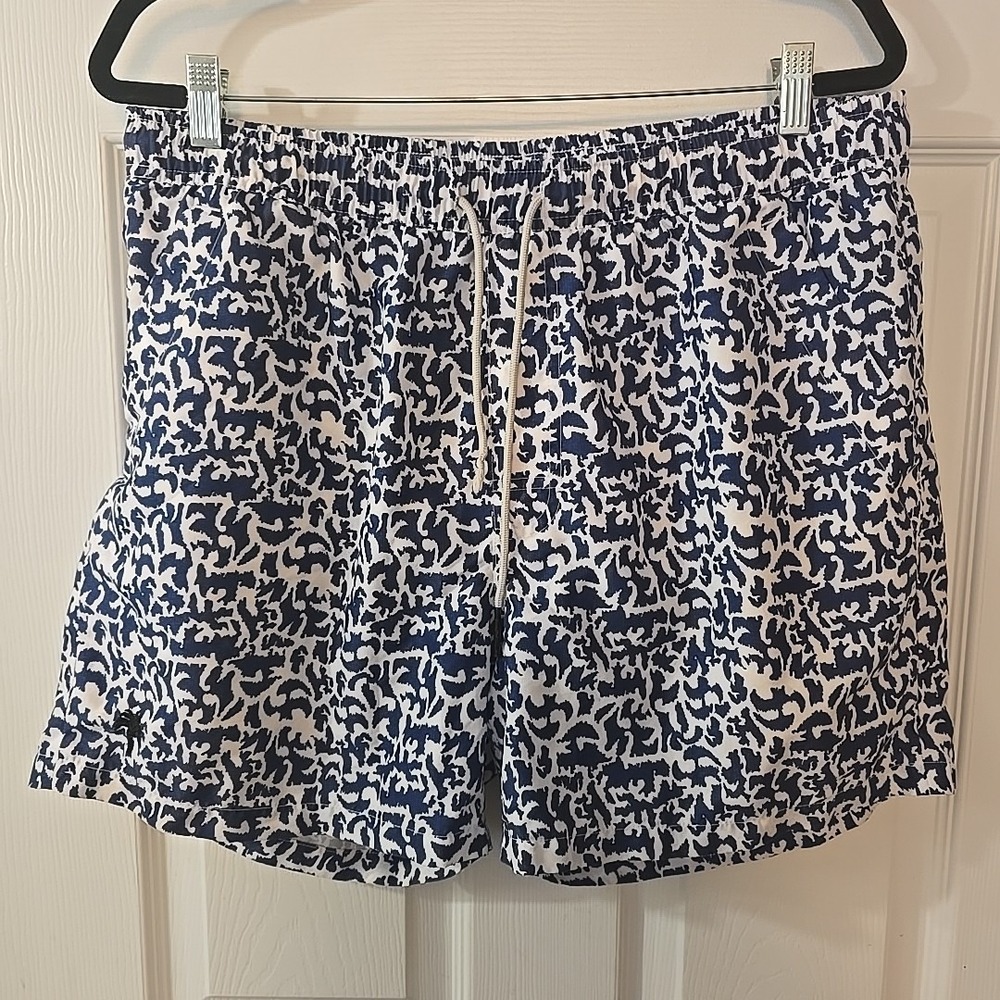 OAS Swim Trunks Men's Size XXL Blue White Print Drawstring‎ Pocket Lined